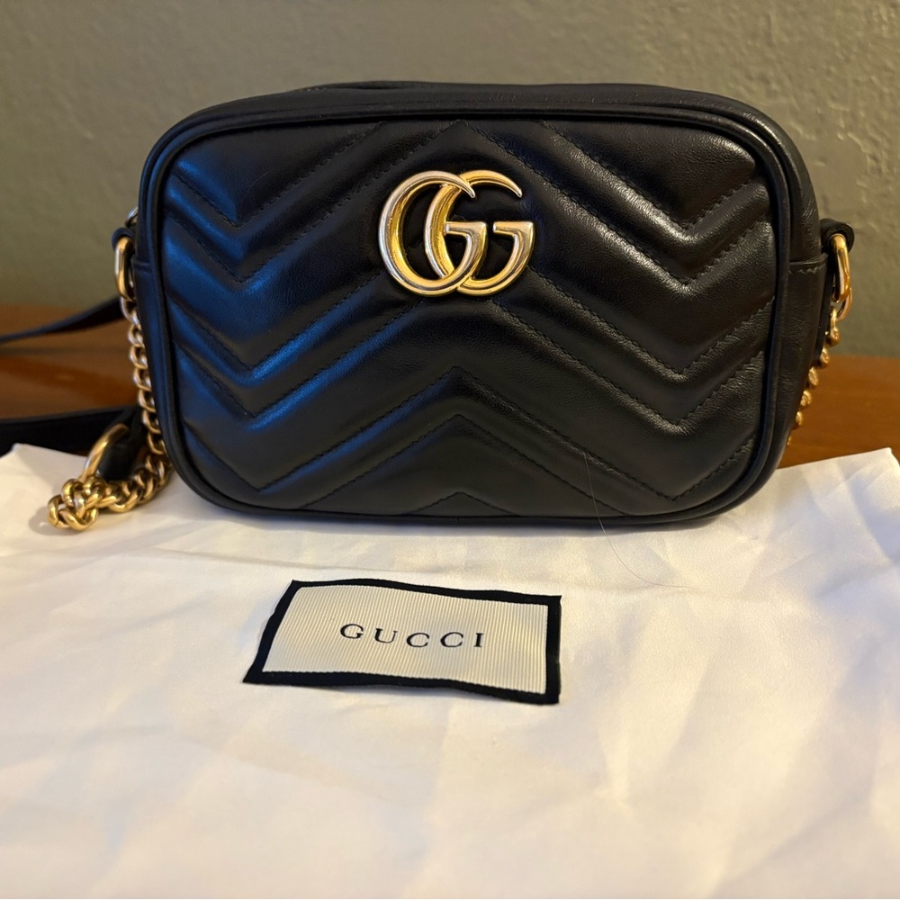 Gucci Marmont Small Camera Bag – Black Matelassé Leather – Gold GG